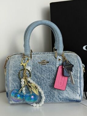 NWT Coach Mini Rowan Crossbody Bag In Loved Denim With Charms
